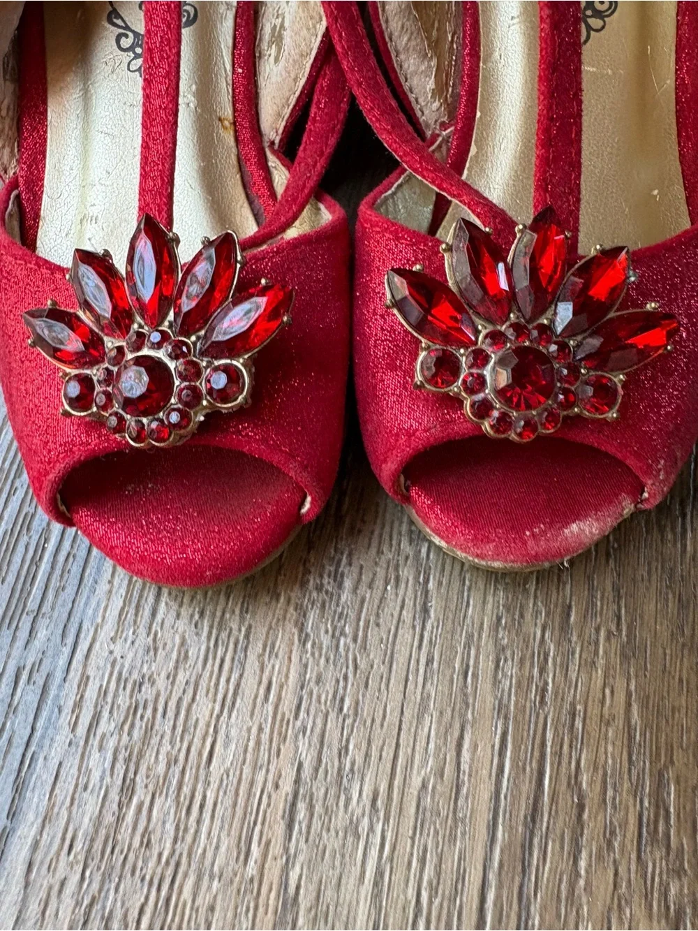 Joyfolie Red Jeweled T-Strap Peep-Toe Heels